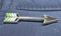 A pin depicting an arrow with the fletching representing the aromantic pride flag colors