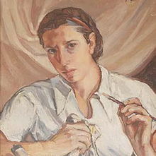 Painting depicting a woman holding a paintbrush. Self-portrait of the artist.