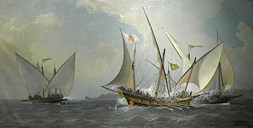 A Spanish xebec facing two Algerian corsair galiots by Ángel Cortellini y Sánchez