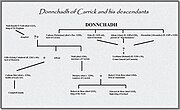 Names of Donnchadh and his descendants written in black as part of a genealogical table; grey background