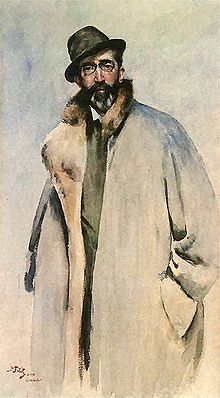 Watercolor painting of a dark-bearded white man in glasses, a hat, and a long, thick, pale-colored coat with a fur collar. The man has his hands in his pockets, and the coat is open, showing indiscriminate clothing of a dark color beneath.