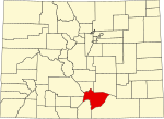 State map highlighting Huerfano County