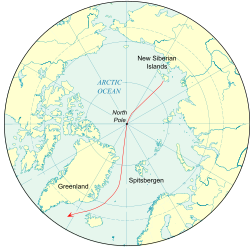 Portion of the globe centred on the North Pole, showing the continental masses of Eurasia and America, also Greenland, Spitsbergen and the New Siberian Islands. The theoretical drift is shown by a line from the New Siberian Islands, through the North Pole and then reaching the Atlantic Ocean by passing between Spitsbergen and Greenland.