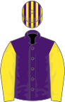 Purple, yellow sleeves, striped cap