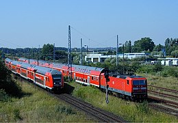 Push-pull train of the Rostock S-Bahn (right) in Warnemünde Werft