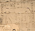 Ramses II, con la corona rossa del Basso Egitto, al cospetto della regina divinizzata Ahmose Nefertari della XVIII dinastia, sulle mura di cinta meridionali del Tempio di Amon-Ra a Karnak[209]. Ahmose-Nefertari visse tre secoli prima di Ramses II, ma il suo culto postumo ebbe un vigore straordinario[210].