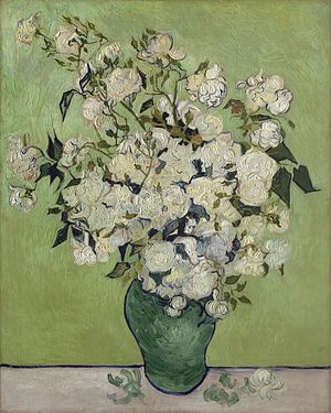 tableau représentant un bouquet de roses blanches dans un vase, sur fond vert