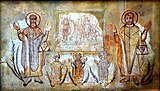 Peinture murale de la ville de Samalut représentant les saints martyrs Ananias, Azarias et Misaël avec les saints Côme et Damien, provenant de Wadi Sarga, Égypte, British Museum.