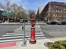 A New York City Fire Department call box at the intersection of Ocean Parkway and Church Avenue