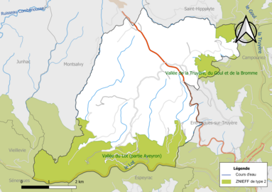 Carte des ZNIEFF de type 2 de la commune.