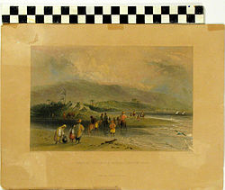 תל אבו הואם כפי שצויר בשנת 1840 על ידי הצייר האנגלי ויליאם הנרי ברטלט, הציור נמצא במוזיאון הימי הלאומי