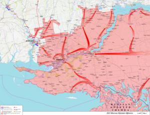 Мапа російського вторгнення з Кримського півострова в Херсонську, Миколаївську та Запорізьку області України у лютому-березні 2022 року