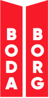 Boda Borg is written top-to-bottom on two red trapezoids.