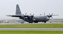 A C-130H-LM Hercules from the 142nd Airlift Squadron, 166th Airlift Wing, Delaware Air National Guard moments after landing at New Castle ANGB in June 2018.