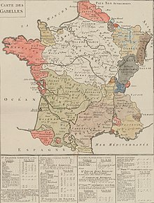 Photographie d'une carte ancienne, coloriée par grandes régions d'imposition.