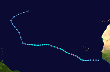 A map of a path across a portion of the Atlantic Ocean. The track starts near the west coast of Africa, and heads generally northwestward. South America is depicted on the lower-left side of the map.