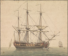 Gravure colorisée d'un trois mat, voiles carguées.