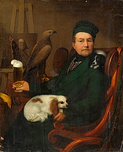 Unknown artist, portrait of a man with a beer, kite and his dogs.