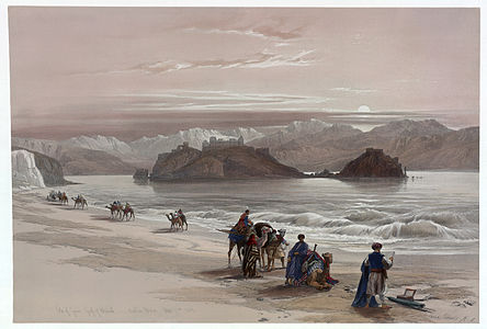 Isle of Graia Gulf of Akabah Arabia Petraea at Caravan (travellers), by David Roberts and Louis Haghe (edited by Durova)