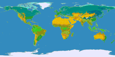 خريطة طبيعية للعالم. يمتد اللون الأصفر من أطراف الهند إلى غرب أفريقيا. يمتد الأخضر الداكن في الأجزاء الشمالية من قارة آسيا وأمريكا. الأخضر العادي هو الغطاء النباتي بالقرب من خط الاستواء. المناطق القطبية هي بيضا. والشمال لونه أزرق فاتح.