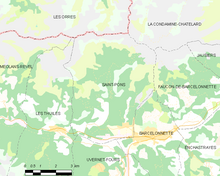 Carte élémentaire montrant les limites de la commune, les communes voisines, les zones de végétation et les routes