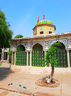 Temple with green windows in an ashram