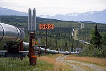 The trans-Alaska oil pipeline, as it zig-zags across the landscape