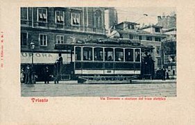Torrente St. (now via Carducci) in a vintage postcard, Tram Union (101-160 batch)