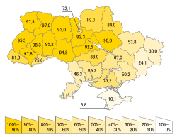 Share of the population of oblasts that indicated Ukrainian as their native language (2001 census).