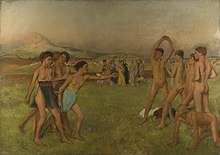 A painting of semi-nude youth playing and stretching in a field