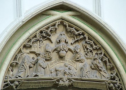 16th-century iconoclasm in the Protestant Reformation. Relief statues in St. Stevenskerk in Nijmegen, Netherlands, were attacked and defaced by Calvinists in the Beeldenstorm.[35][36]