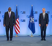 Stoltenberg and U.S. Secretary of Defense Lloyd Austin in Brussels, 14 April 2021