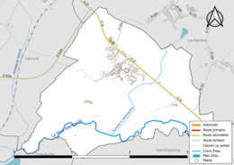 Carte en couleur présentant le réseau hydrographique de la commune