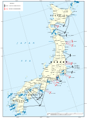 Color map of the Japanese home islands marked with the locations of the Allied fleet when it made the attacks described in the article