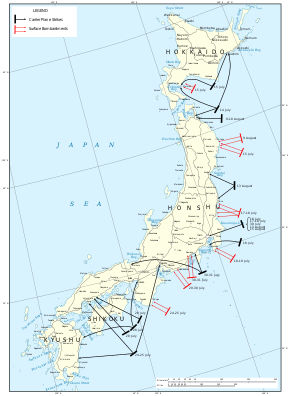 Color map of the Japanese home islands marked with the locations and dates of the air raids and bombardments described in this article.
