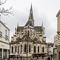 The chevet, spire and bell tower.