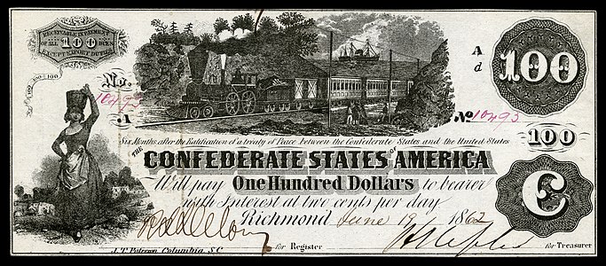 One-hundred Confederate States dollar (T39), by Hoyer & Ludwig and J.T. Patterson & Co.