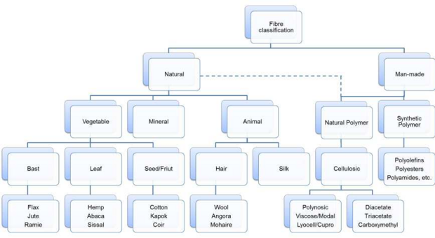 vegetable fibers (bast/stem, leaf, and seed/fruit), "animal" (hair and silk), cellulosic polymers (rayons and acetates), and synthetic polymers (polyester etc.)