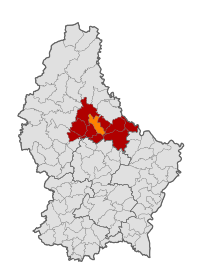 Map of Luxembourg with Erpeldange highlighted in orange, and the canton in dark red