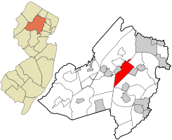 Location of Denville Township in Morris County highlighted in red (right). Inset map: Location of Morris County in New Jersey highlighted in orange (left).