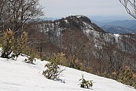 烏帽子岳の南側の稜線上の標高1,595mのピーク（気良烏帽子岳）、南麓からの山容が烏帽子のように見えることが山名の由来とみられている