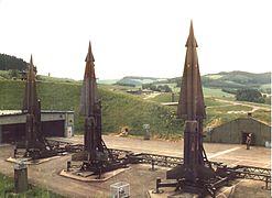 Three erected Nike-Hercules missiles on their launchers at Oedingen (1980).