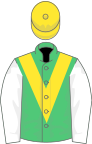 Emerald green, yellow chevron, white sleeves, yellow cap