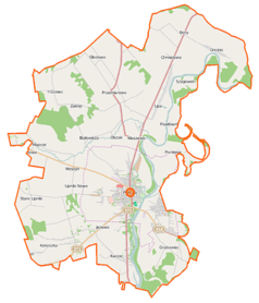 Mapa konturowa gminy Pułtusk, blisko centrum na dole znajduje się punkt z opisem „Parafia św. Mateusza”