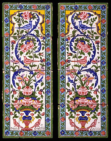 Dois painéis de azulejos de faiança pintados com vidrado policromado sobre vidrado branco, representando rosas e rouxinóis. Irã, primeira metade do século XIX. (definição 2 733 × 2 733)