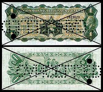 Australian one-pound note from the series of 1923–25 at Banknotes of the Australian pound, by the Commonwealth Bank