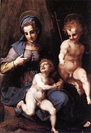 安德烈亞·德爾·薩爾托的《聖母、聖子與聖約翰》（Madonna col Bambino e san Giovannino），154 × 101cm，約繪於1515年，1790年始藏[28]