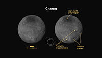 Kharon, satelit Pluto, dilihat dari New Horizons (bertanda; 11 Juli 2015).