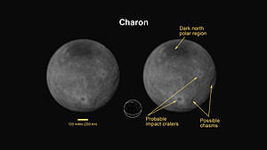 Charon, moon of Pluto, viewed by افق‌های نو (annotated; ۱۱ ژوئیه ۲۰۱۵).