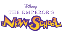 The words "Disney's The Emperor's new School" are shown in various font styles and sizes in a green circle against a white background.